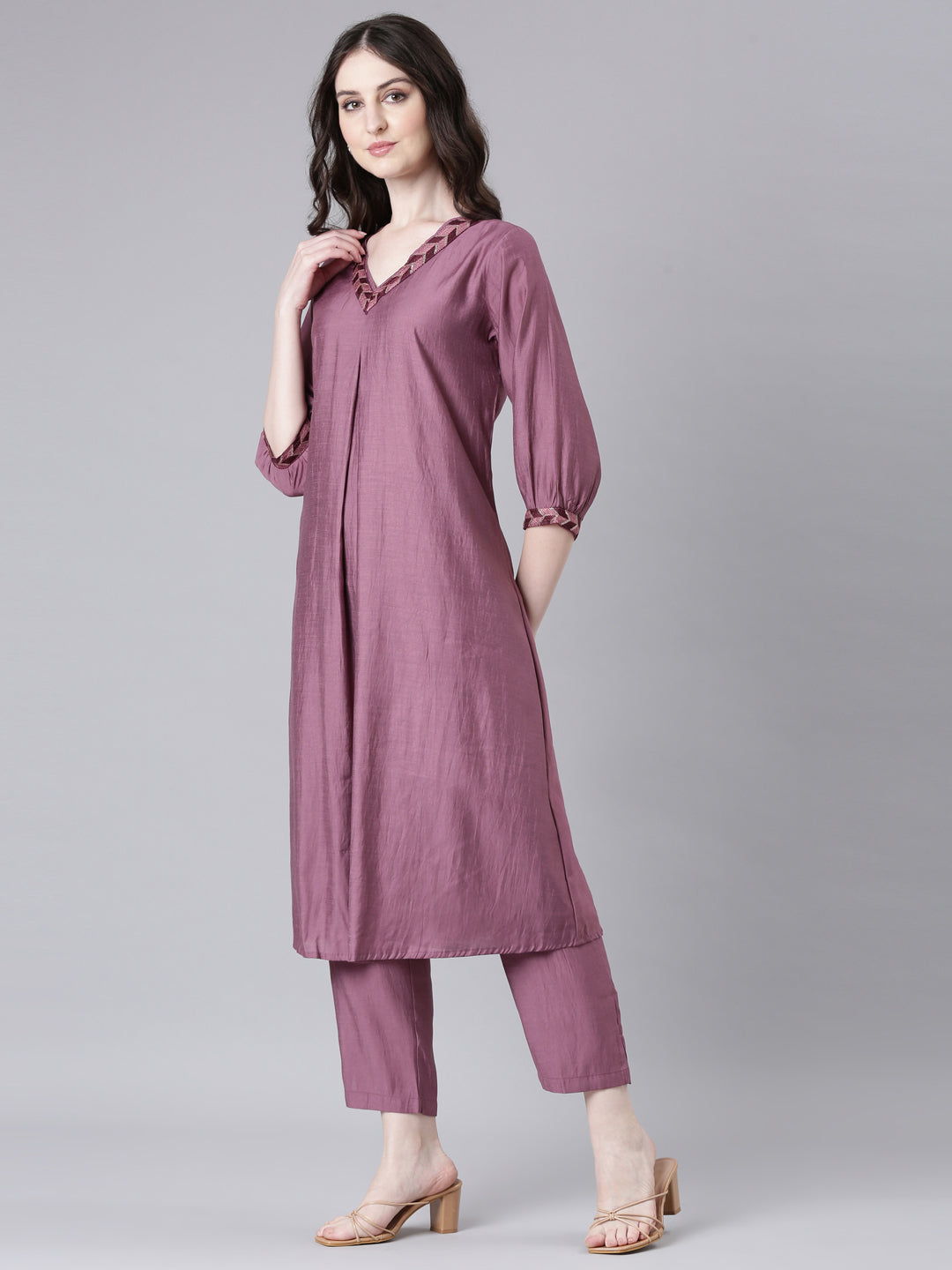 Neerus Purple Solid Straight Kurta and Trousers