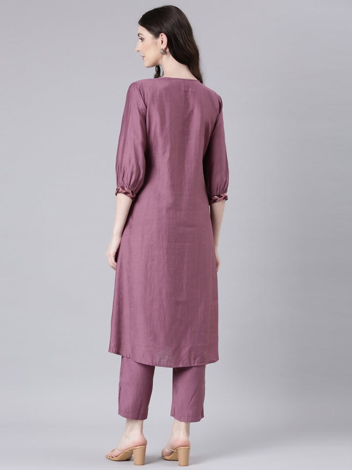 Neerus Purple Solid Straight Kurta and Trousers
