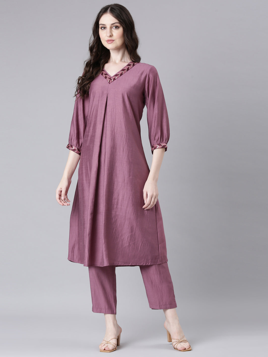 Neerus Purple Solid Straight Kurta and Trousers