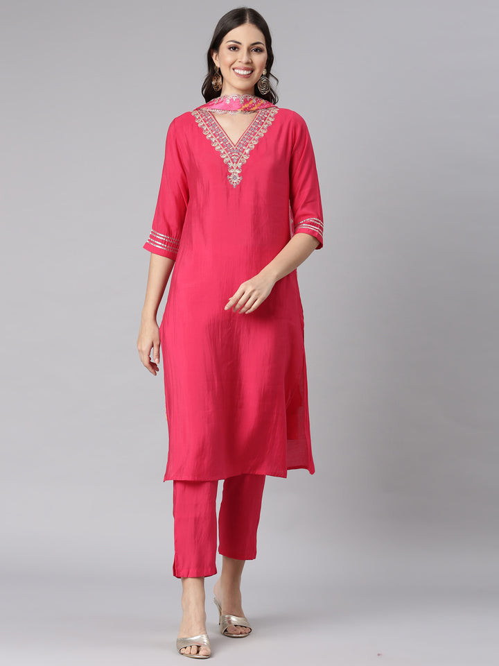 Neerus Pink Solid Straight Kurta and Trousers With Dupatta