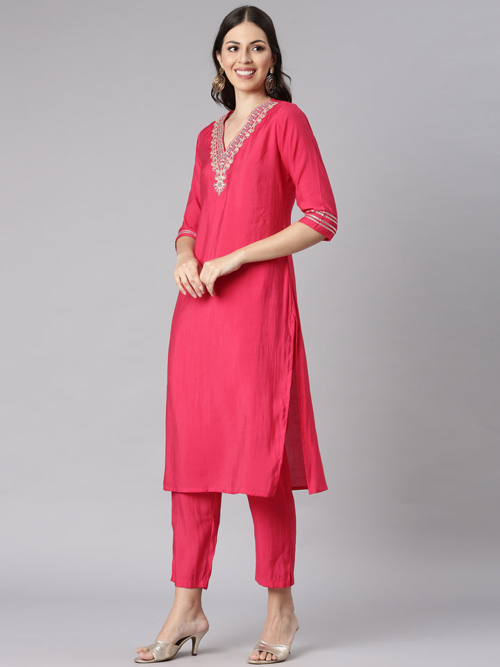 Neerus Pink Solid Straight Kurta and Trousers With Dupatta
