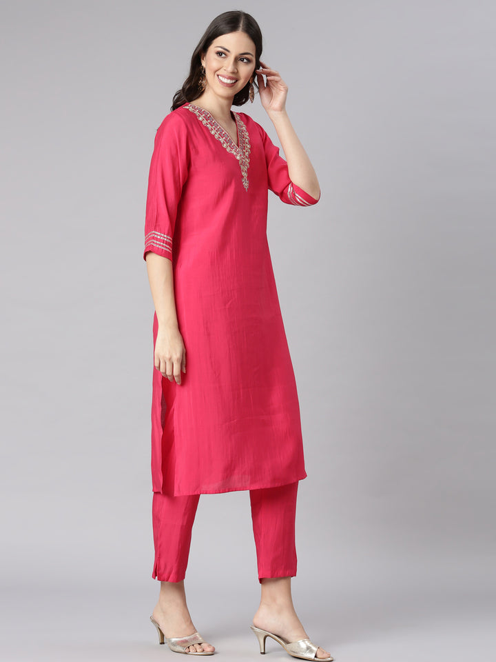 Neerus Pink Solid Straight Kurta and Trousers With Dupatta