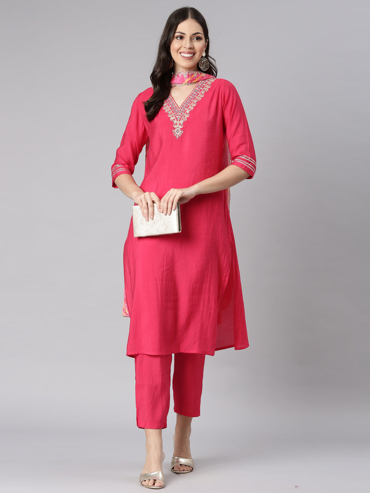 Neerus Pink Solid Straight Kurta and Trousers With Dupatta