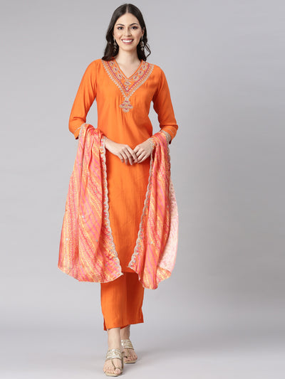 Neerus Orange Solid Straight Kurta and Trousers With Dupatta