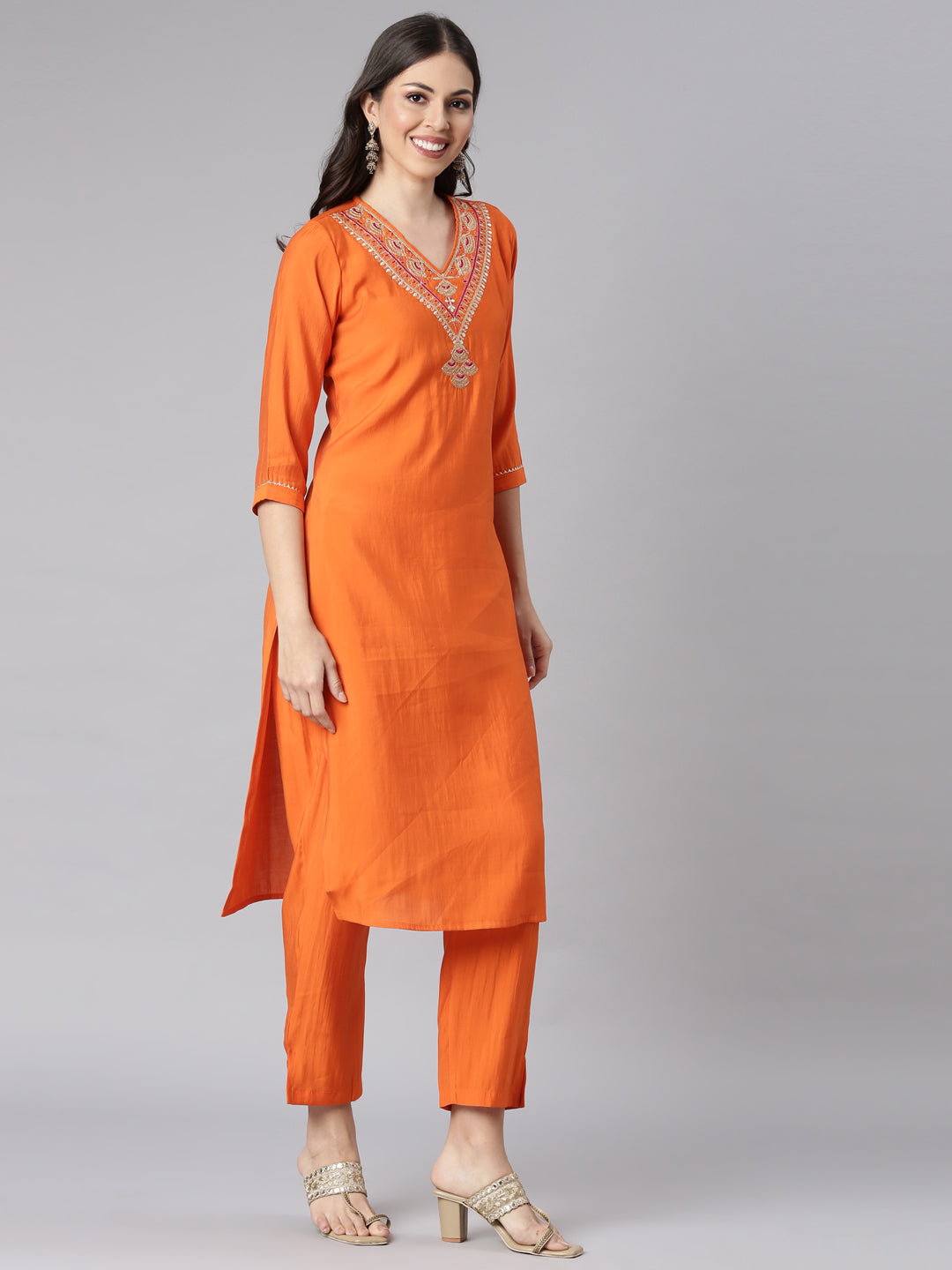 Neerus Orange Shantoon Solid Suit Set - back view