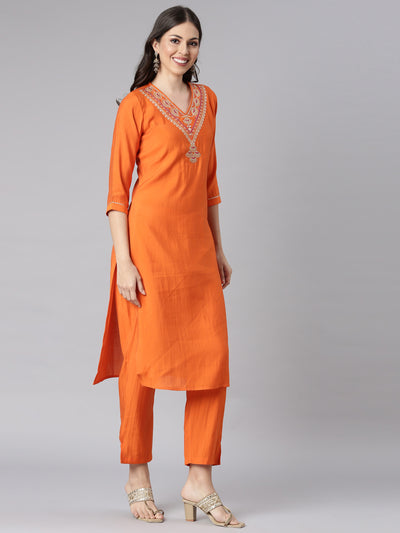 Neerus Orange Solid Straight Kurta and Trousers With Dupatta