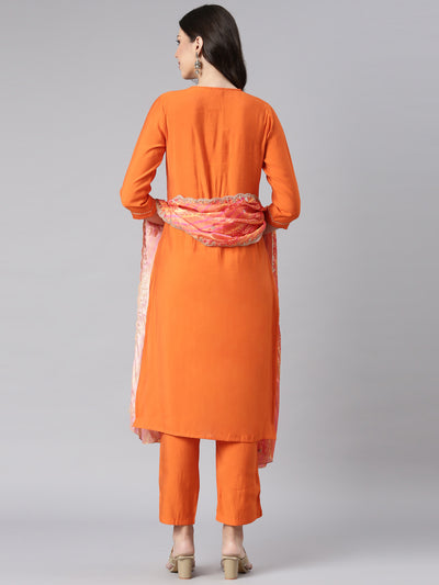 Neerus Orange Solid Straight Kurta and Trousers With Dupatta
