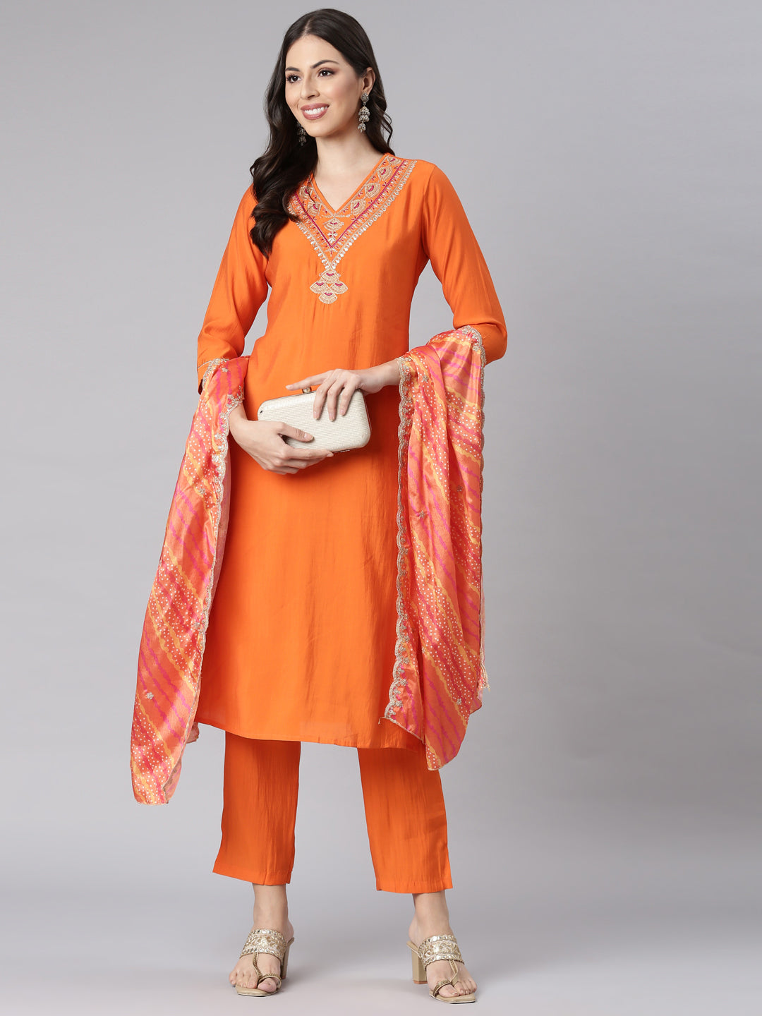 Neerus Orange Shantoon Solid Suit Set - detail view 3