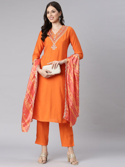 Neerus Orange Solid Straight Kurta and Trousers With Dupatta