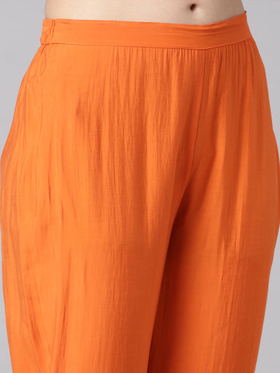 Neerus Orange Solid Straight Kurta and Trousers With Dupatta