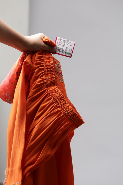 Neerus Orange Solid Straight Kurta and Trousers With Dupatta