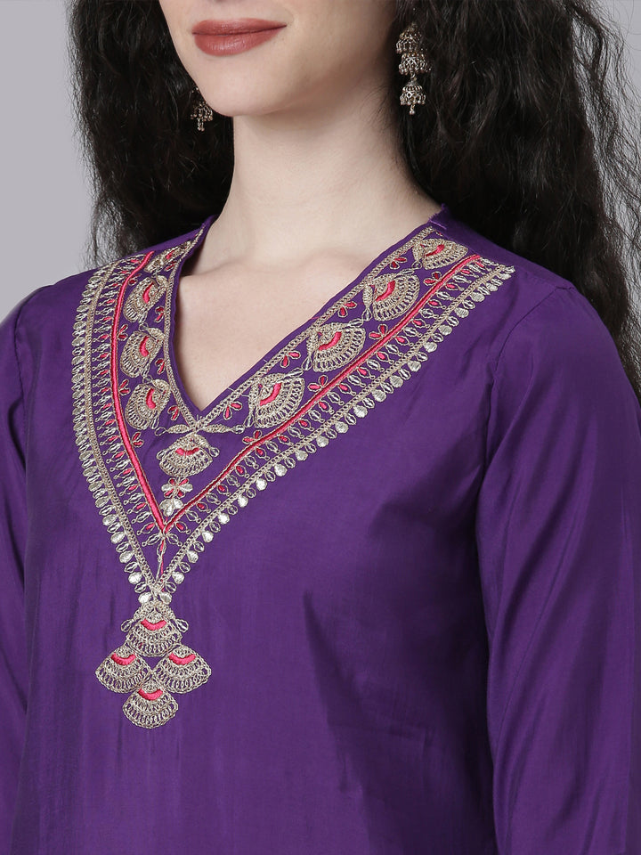 Neerus Purple Solid Straight Kurta and Trousers With Dupatta