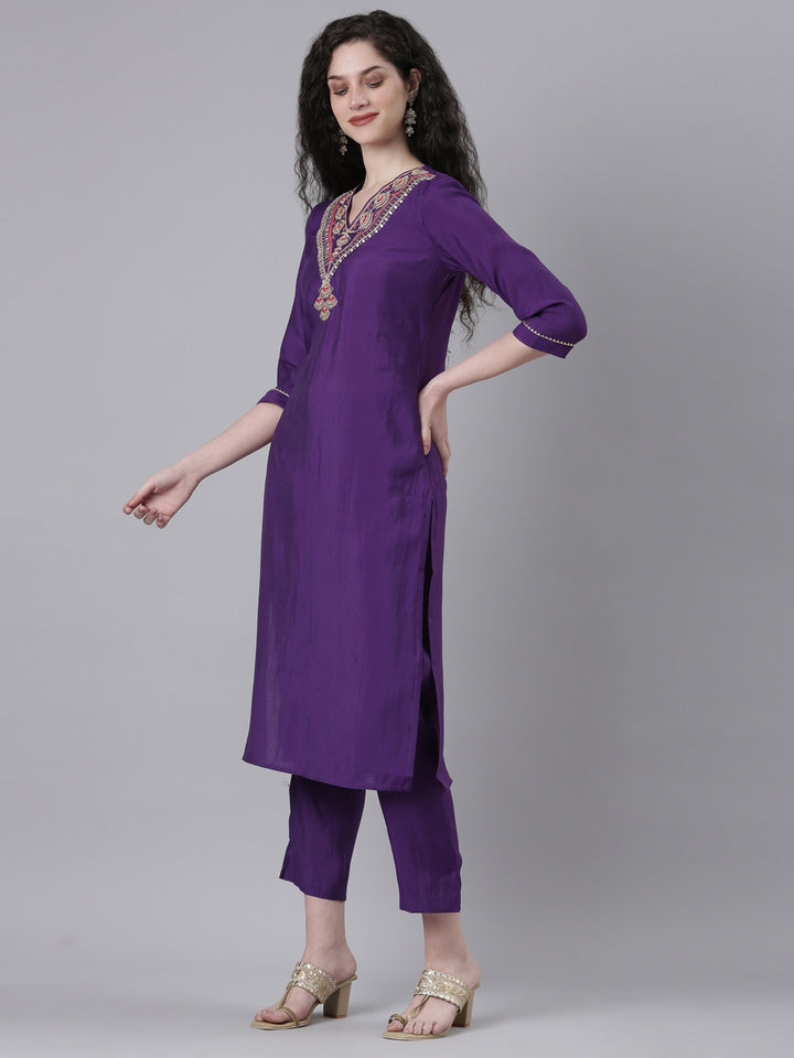 Neerus Purple Solid Straight Kurta and Trousers With Dupatta