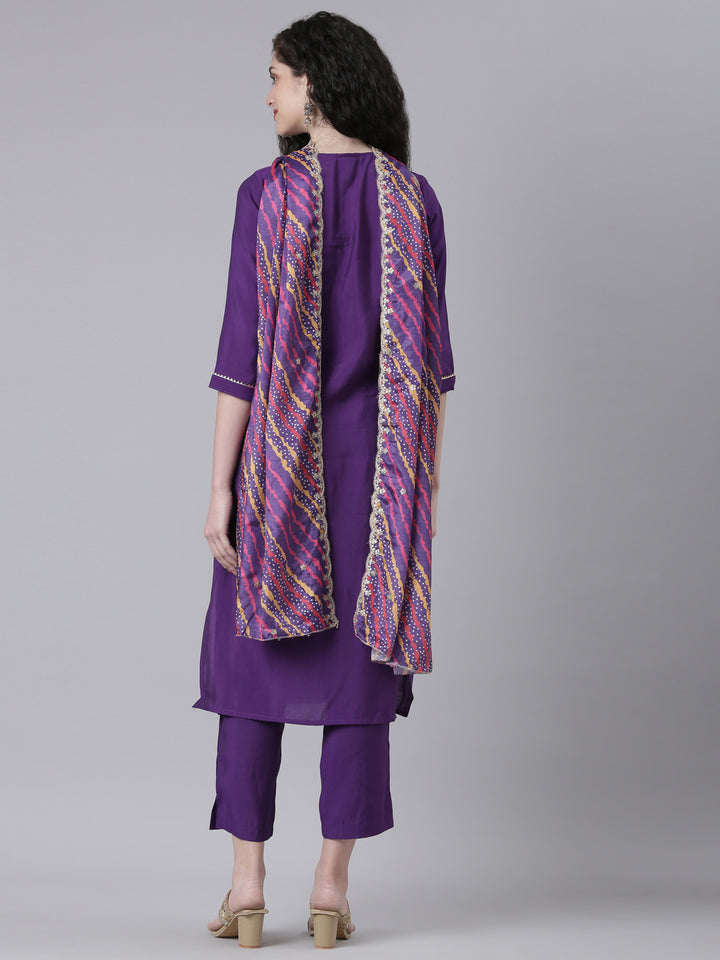 Neerus Purple Solid Straight Kurta and Trousers With Dupatta