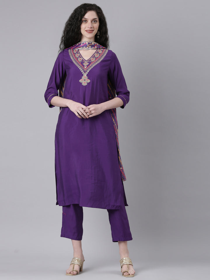 Neerus Purple Solid Straight Kurta and Trousers With Dupatta