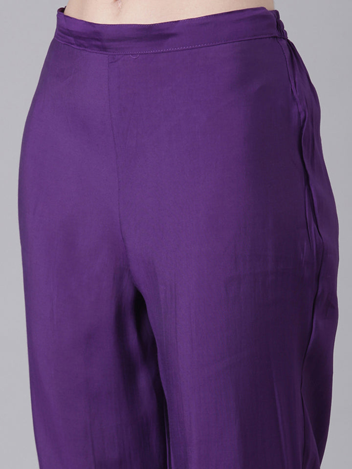 Neerus Purple Solid Straight Kurta and Trousers With Dupatta