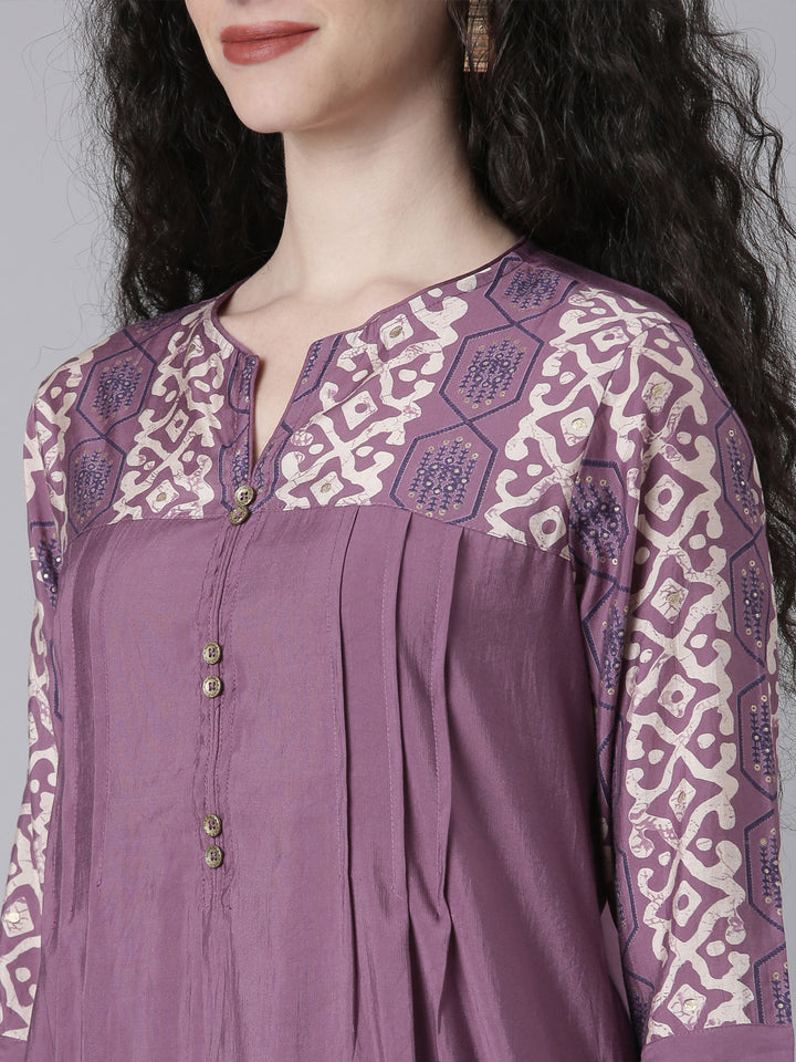 Neerus Purple Solid Straight Kurta and Palazzos