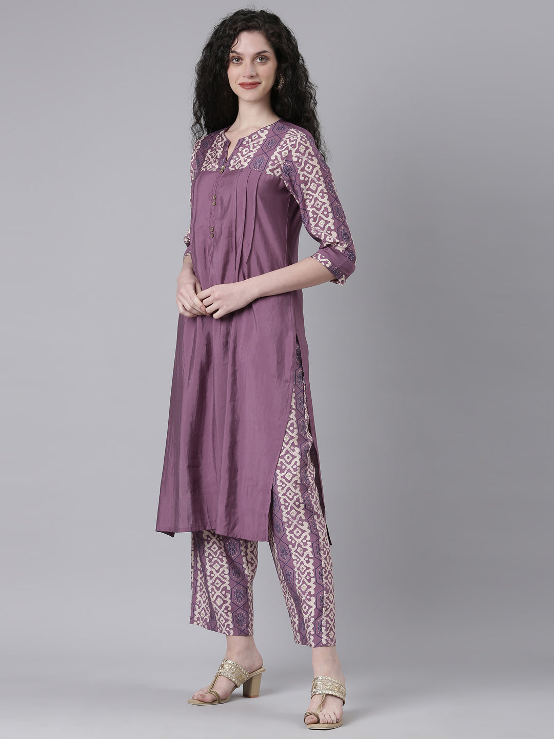 Neerus Purple Solid Straight Kurta and Palazzos