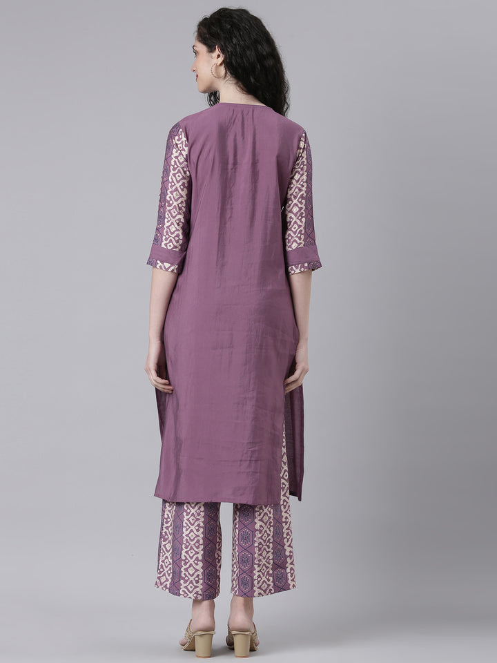 Neerus Purple Solid Straight Kurta and Palazzos