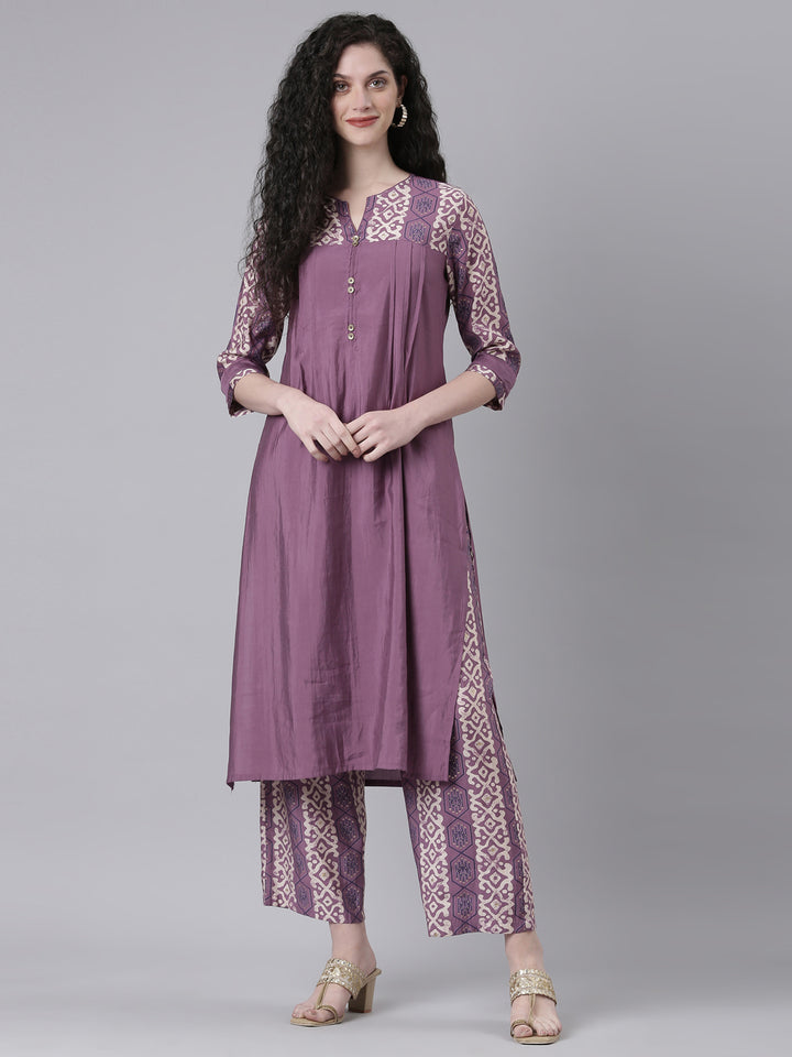 Neerus Purple Solid Straight Kurta and Palazzos