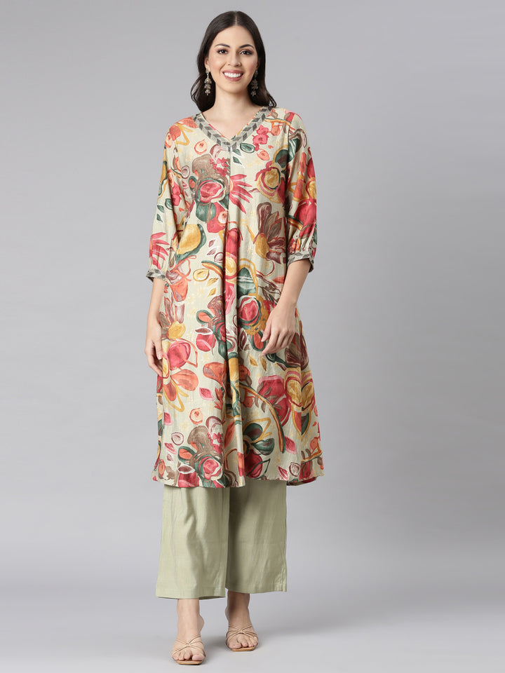 Neerus Green linen printed kurta set - front view