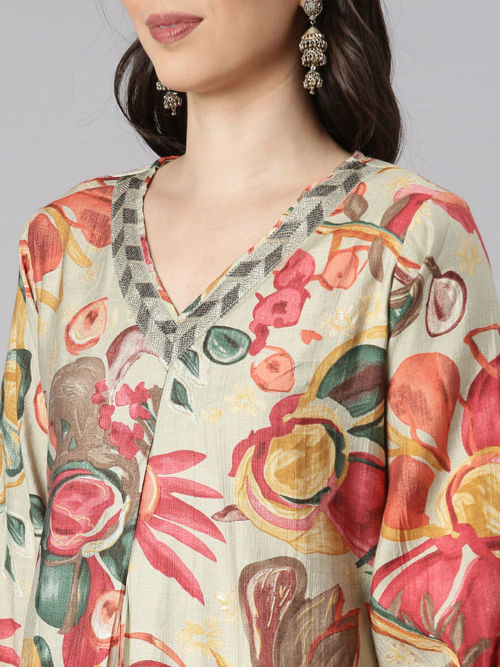 Neerus Green linen printed kurta set - detail view 1