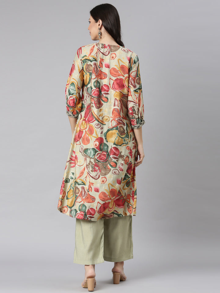 Neerus Green linen printed kurta set - side view