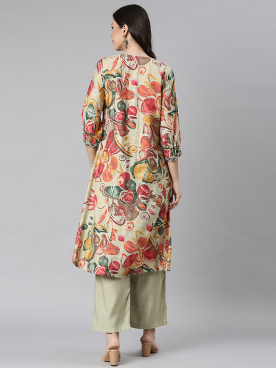 Neerus Lime Green Printed Straight Kurta and Palazzos