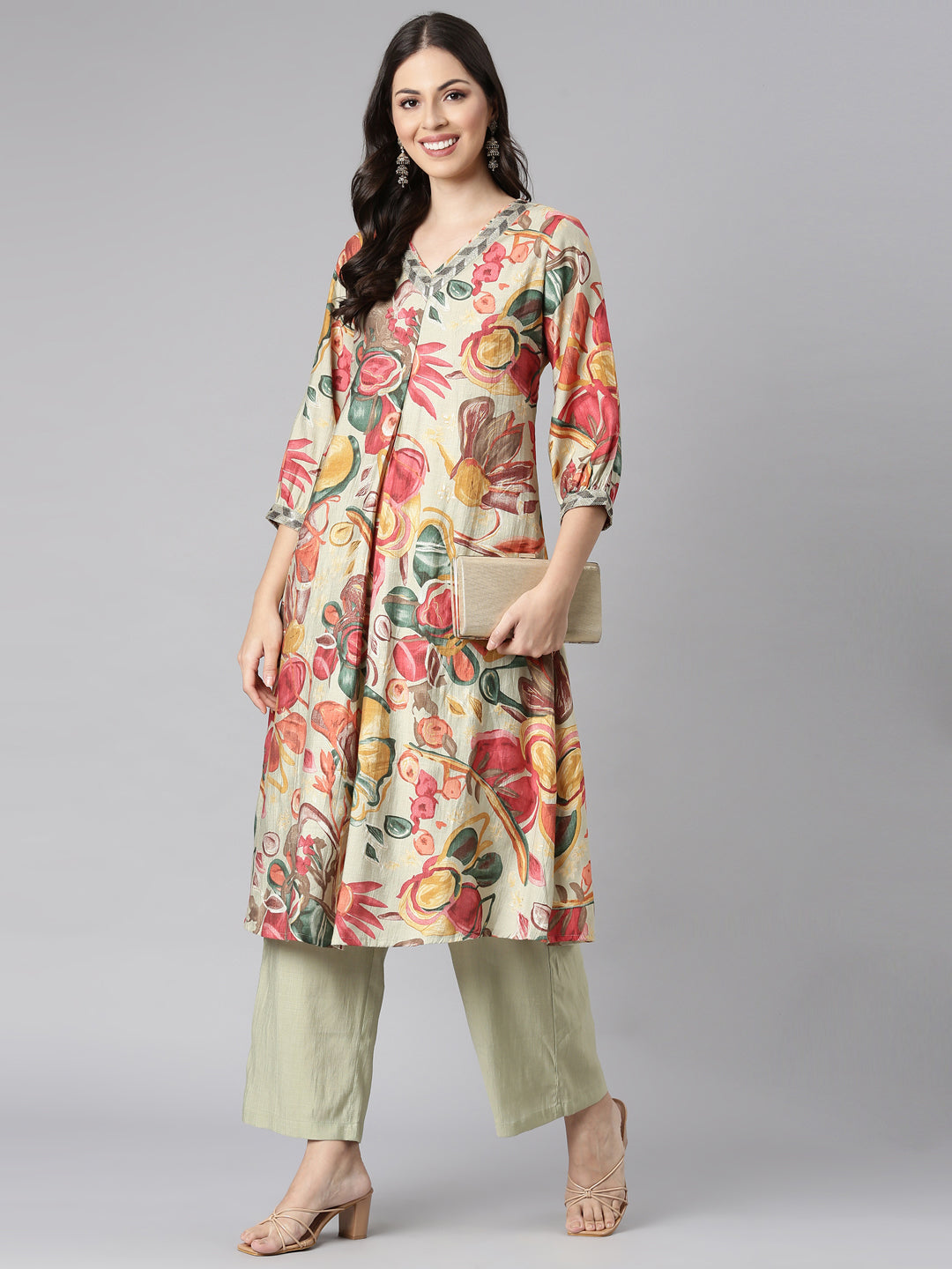 Neerus Lime Green Printed Straight Kurta and Palazzos