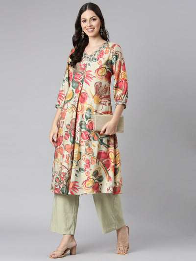 Neerus Lime Green Printed Straight Kurta and Palazzos