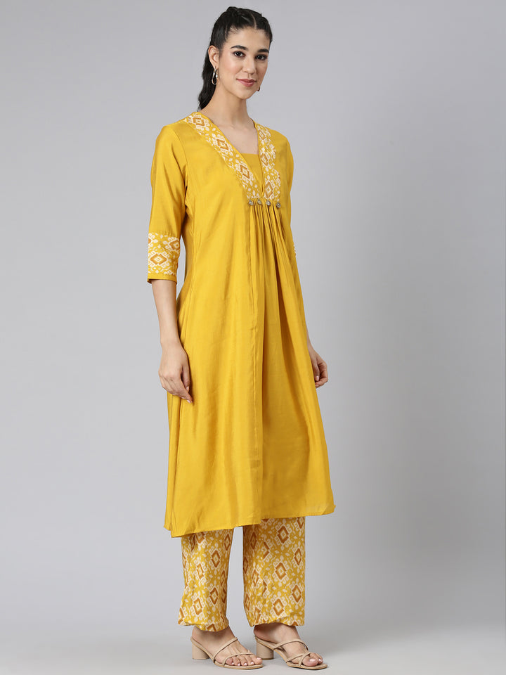 Neerus Yellow Solid Straight Kurta and Trousers