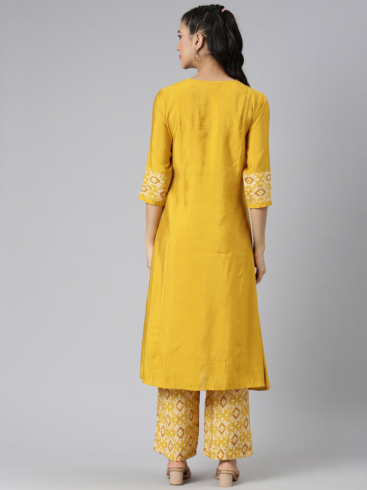 Neerus Yellow Solid Straight Kurta and Trousers