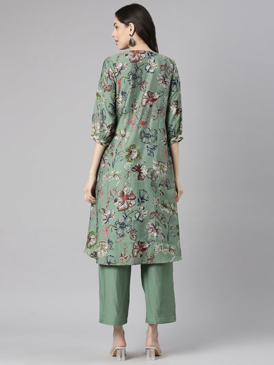 Neerus Green Printed Straight Kurta and Trousers