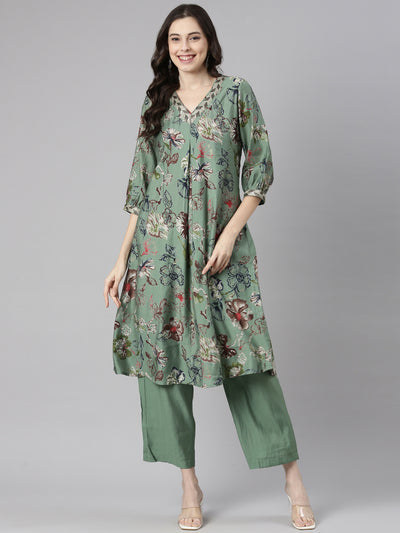 Neerus Green Printed Straight Kurta and Trousers