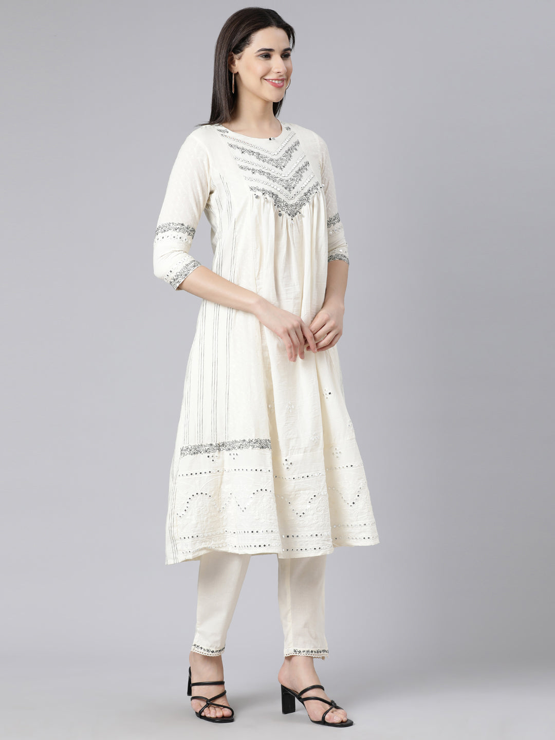 Neerus White cotton embroidered suit set panelled kurta with dupatta - side view