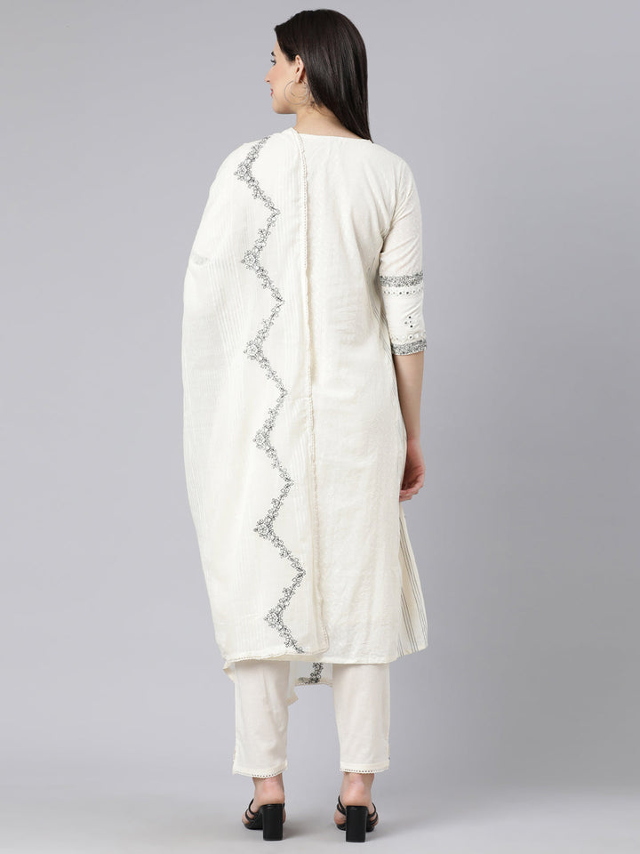 Neerus White cotton embroidered suit set panelled kurta with dupatta - detail view 1