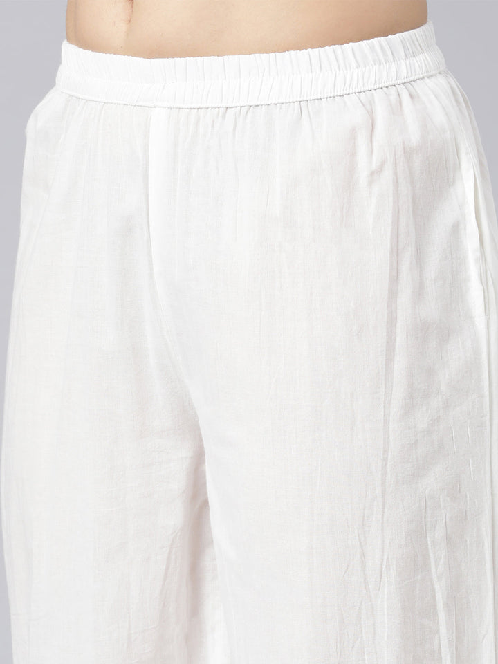 Neerus White cotton embroidered suit set panelled kurta with dupatta - detail view 4