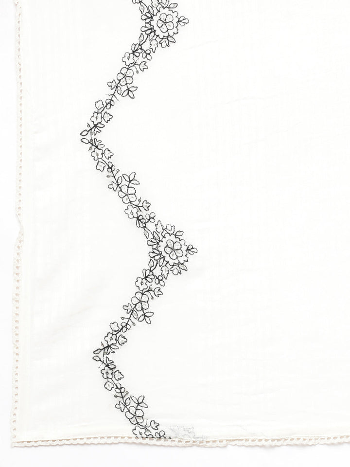 Neerus White cotton embroidered suit set panelled kurta with dupatta - detail view 5