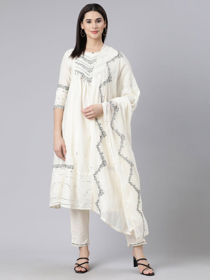 Neerus White cotton embroidered suit set panelled kurta with dupatta - front view