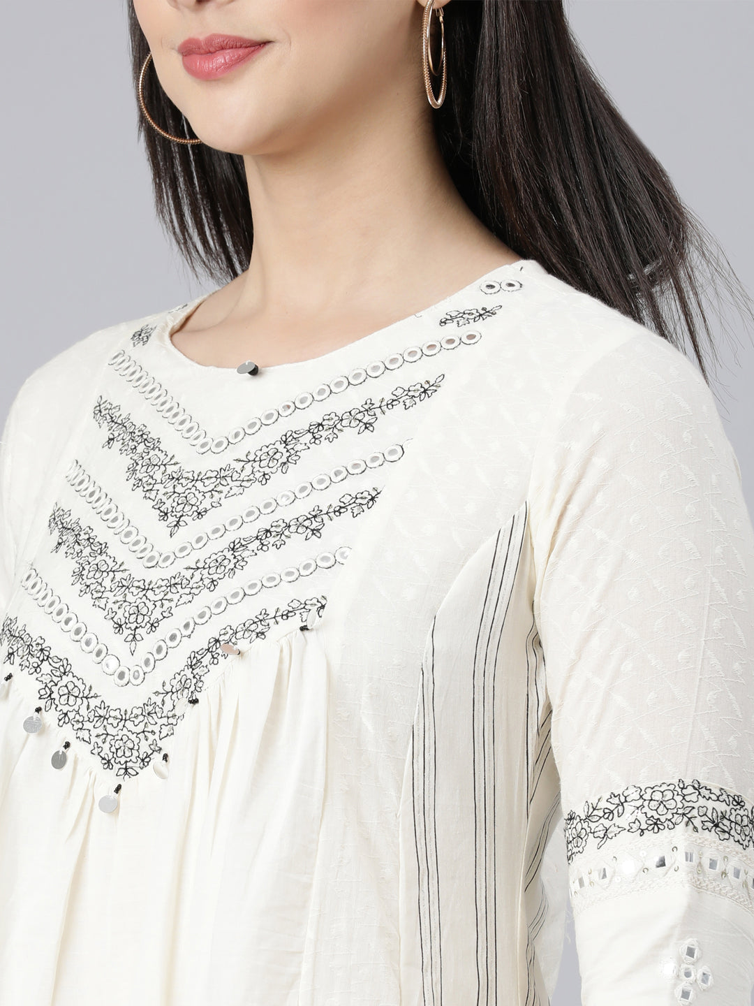 Neerus White cotton embroidered suit set panelled kurta with dupatta - detail view 2