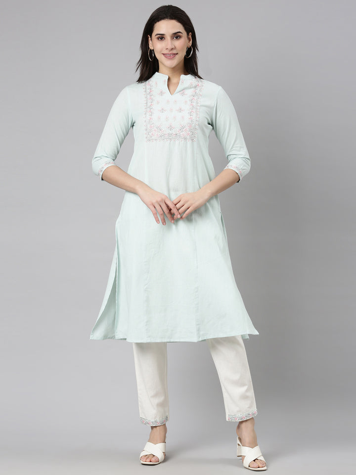 Neerus Green Regular Straight Solid Kurta And  Trousers