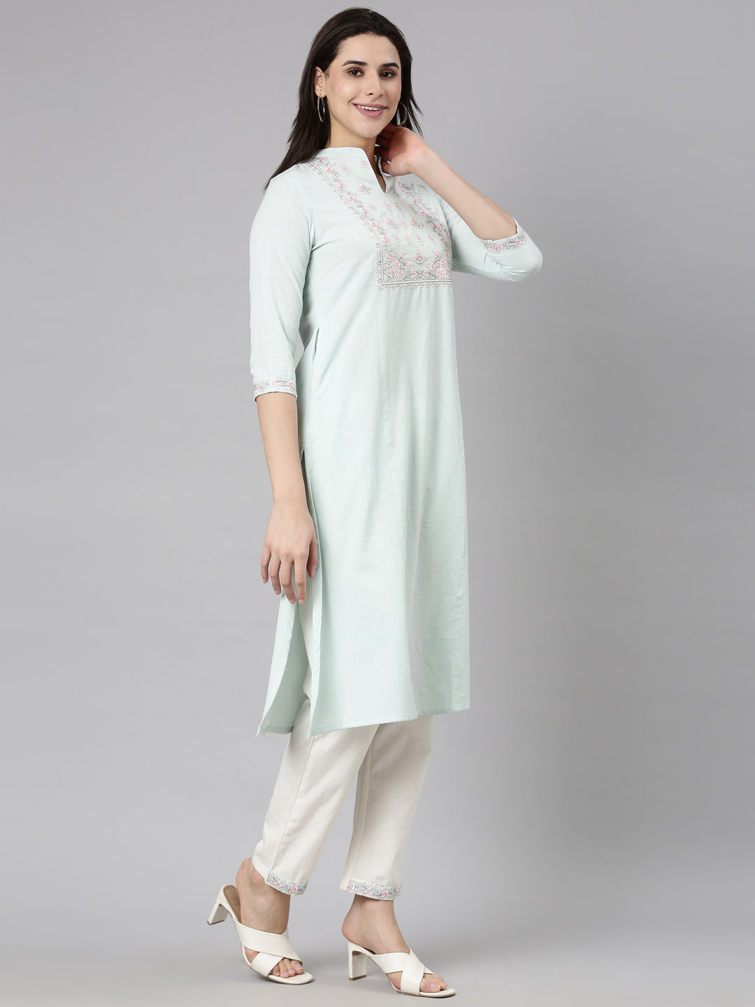 Neerus Green Regular Straight Solid Kurta And  Trousers