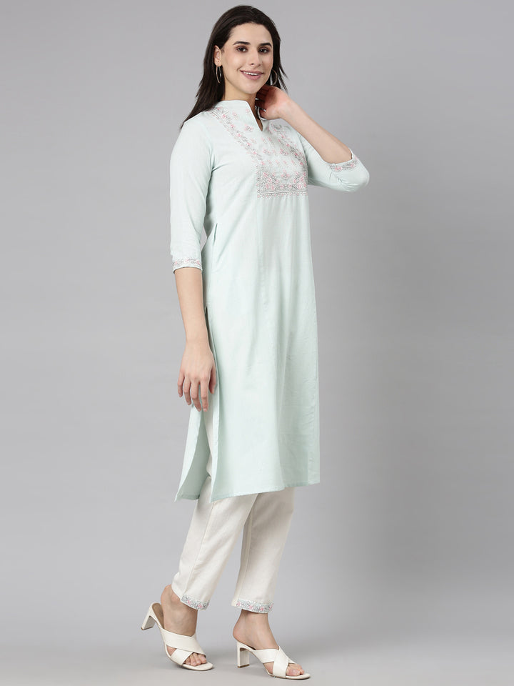 Neerus Green Regular Straight Solid Kurta And  Trousers