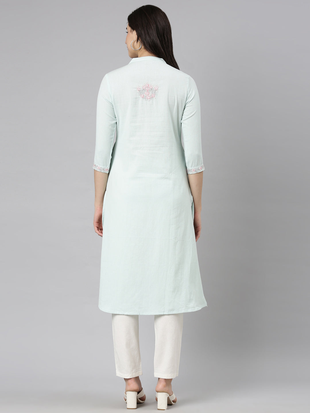 Neerus Green Regular Straight Solid Kurta And  Trousers