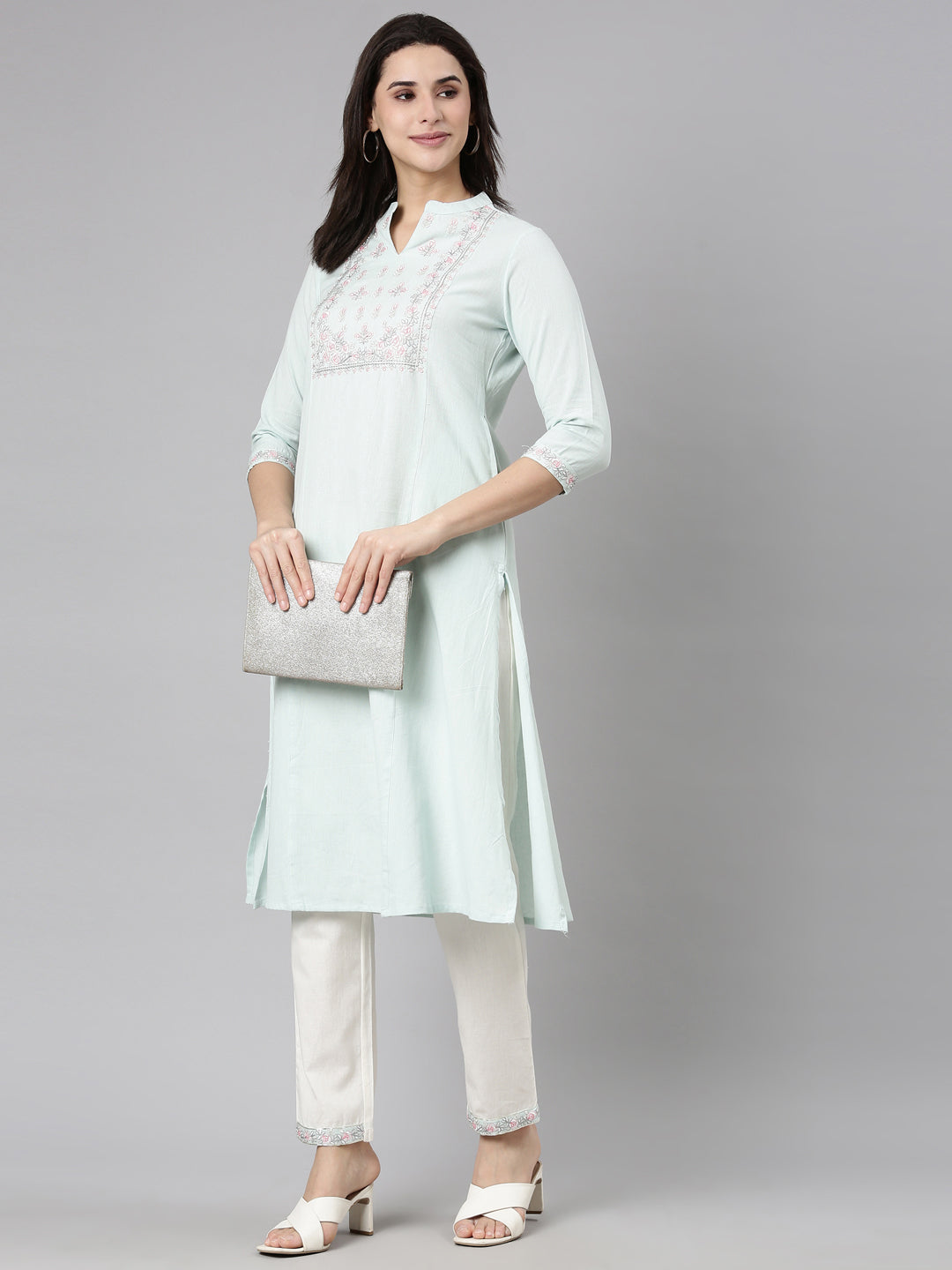 Neerus Green Regular Straight Solid Kurta And  Trousers