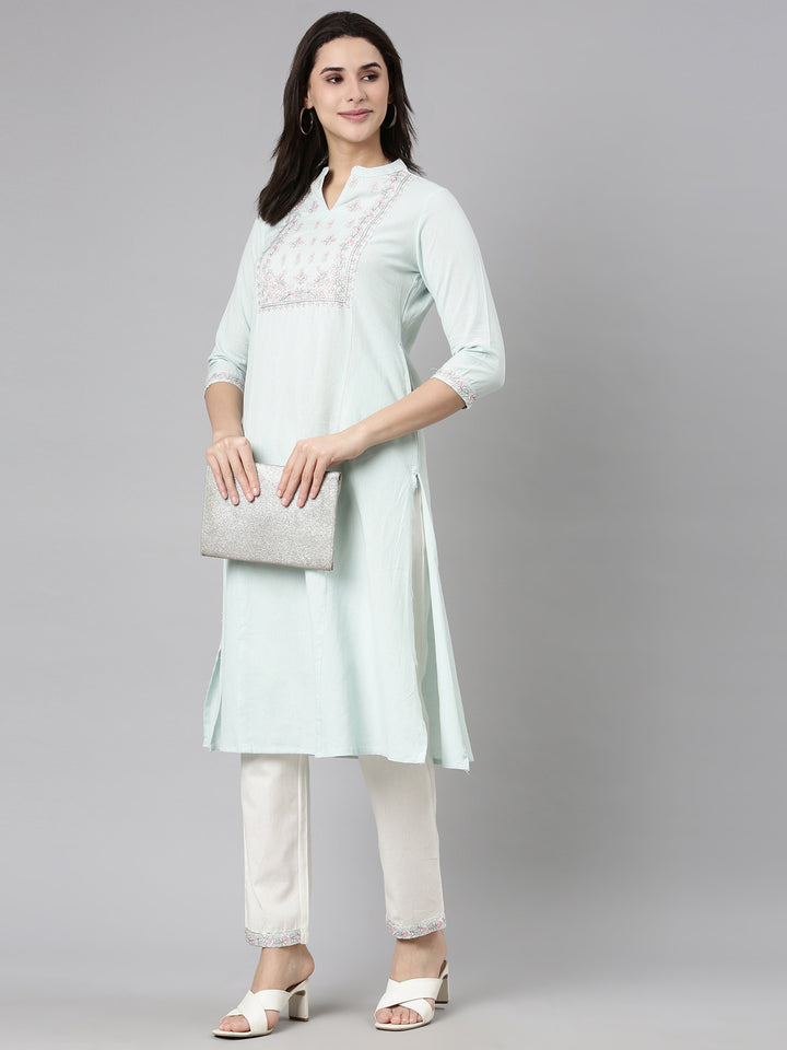 Neerus Green Regular Straight Solid Kurta And  Trousers