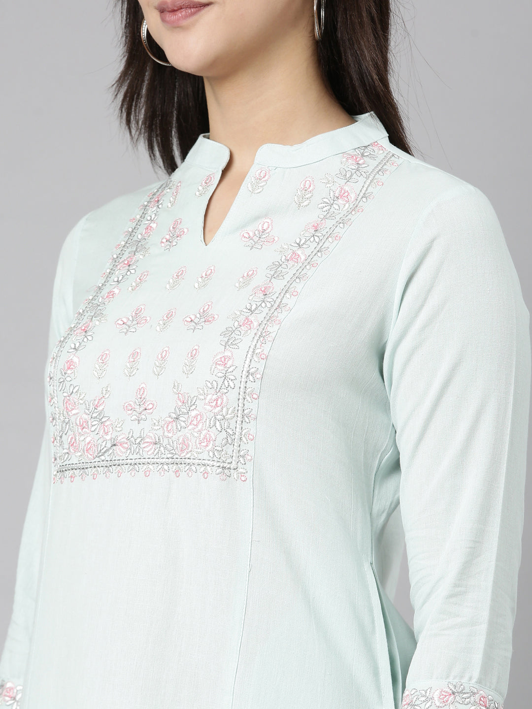 Neerus Green Regular Straight Solid Kurta And  Trousers