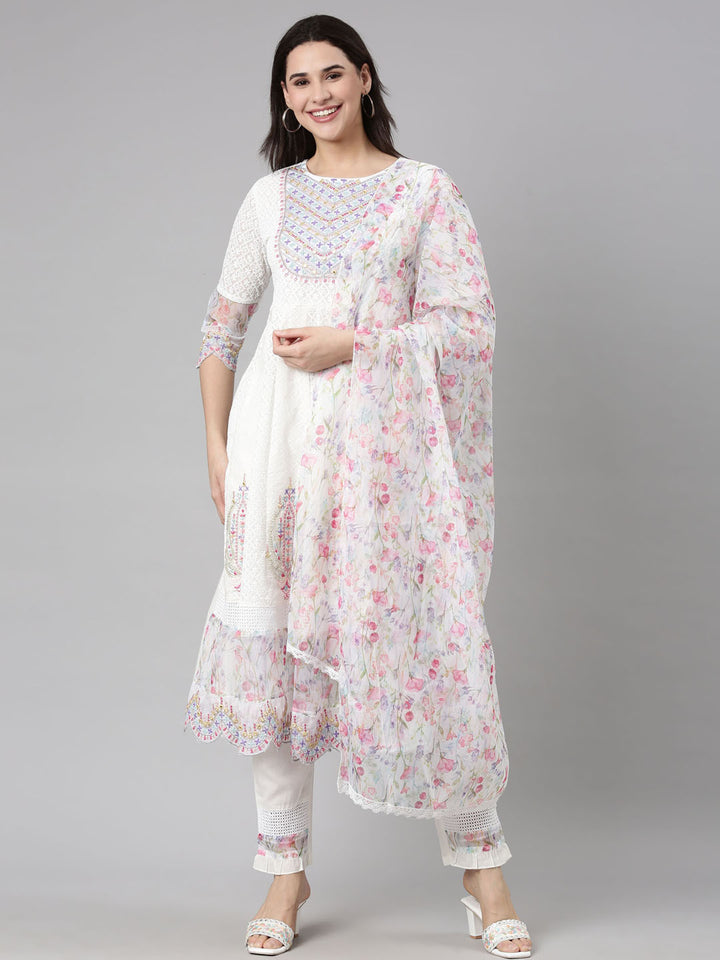 Neerus White cotton printed suit set with dupatta - front view