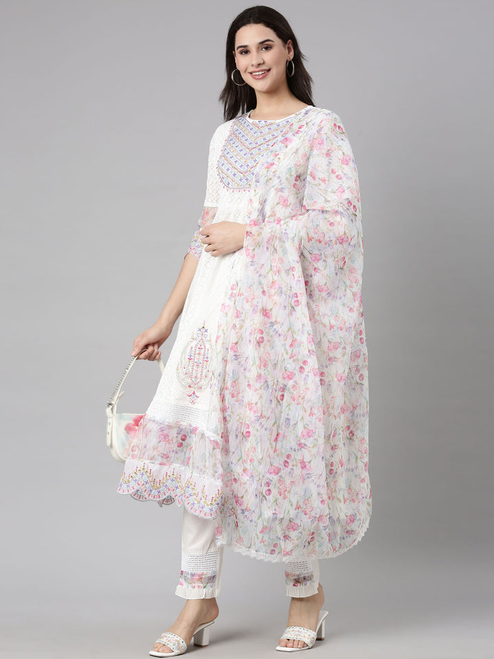 Neerus White cotton printed suit set with dupatta - detail view 1