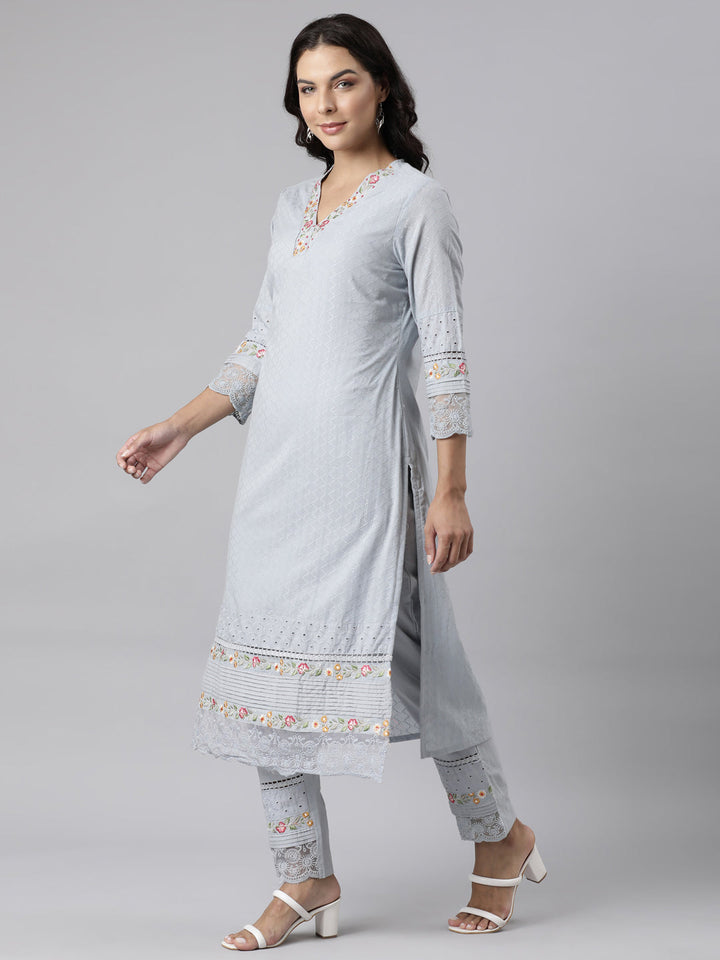 Neerus Grey cotton panelled suit set with dupatta - back view
